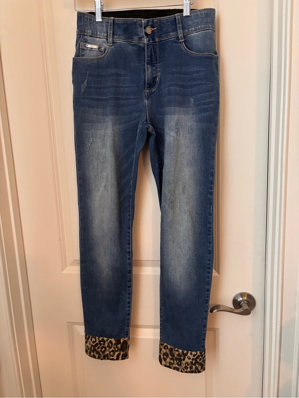 Coco + Carmen Medium Blue Straight Leg Jeans with Leopard Cuff